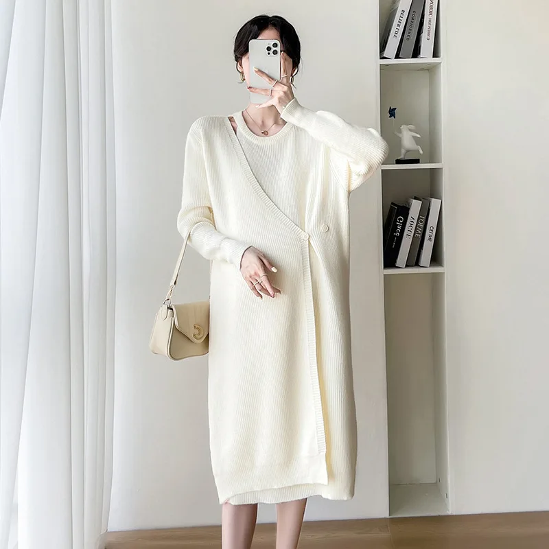 

Autumn Winter Dense Knitted Maternity Sweaters Dress Elegant O Neck A Line Slim Clothes for Pregnant Women Pregnancy Ins