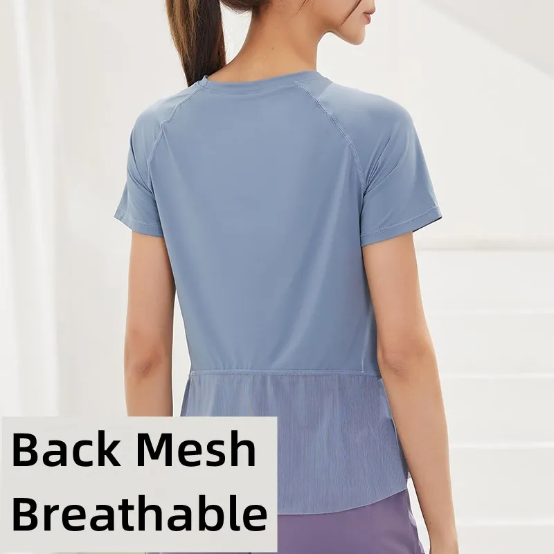 Women Yoga Nylon Soft Tops Mesh Patchwork Breathable Sports Shirts Fitness Short Sleeve Tee Gym Workout Running Loose T-Shirts