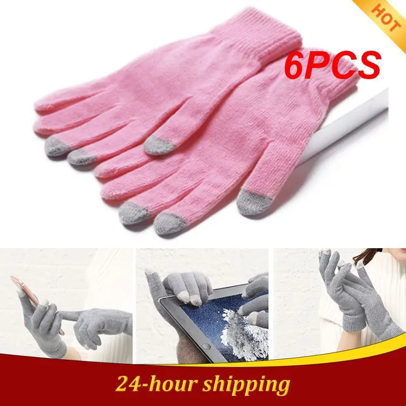 

6PCS of Winter Warm Thicken Brushed Gloves Thermal Touch Screen Mittens for Adults Soft Knitting Outdoor Keep Warming Gloves