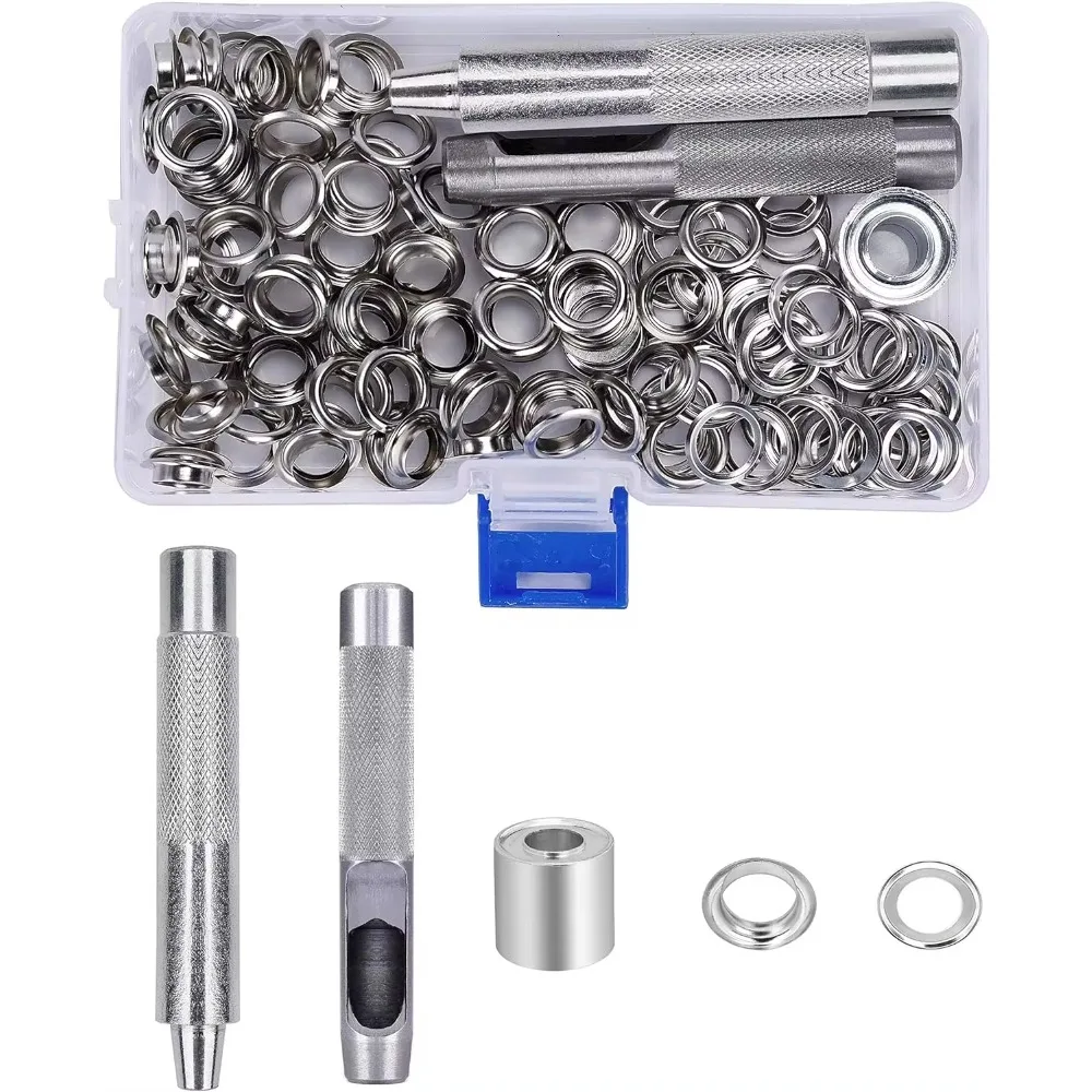 Grommet Kit Metal Eyelets Grommets 10mm 100pcs with Punch Hole Fastened Tool for Tarpaulin Fabric Curtains Craft Making eyelet punch tool set,eyelet grommet ring,eyelet grommet ring kit,grommet eyelet kit,grommet punch tool,grommet tool kit,grommet tool
