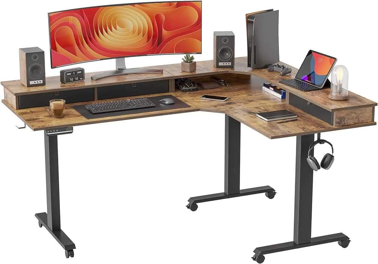 FEZIBO Triple Motor 63" L Shaped Standing Desk with 3 Drawers, Electric Standing Desk Adjustable Height, Corner Stand up Desk