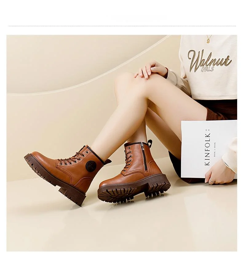 British Style Women's Leather Ankle Boots With Thick Sole_voghion.com