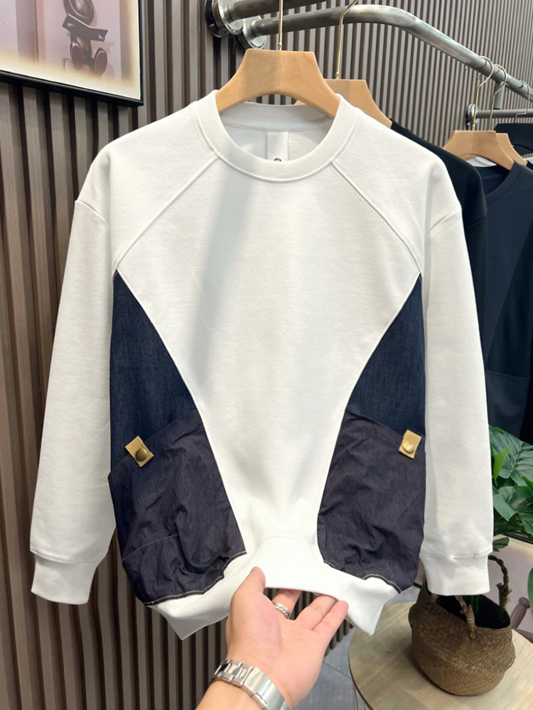 

2024 hoodie men's ins patchwork autumn and winter newneck t-shirt long sleeved color block top bottom T-shirt 5062