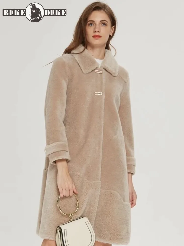 

Autumn Winter Office Lady Real Wool Coat Single Breasted Turn-Down Collar Women Sheep Shearing Long Jacket Size 5XL 6XL 7XL 8XL