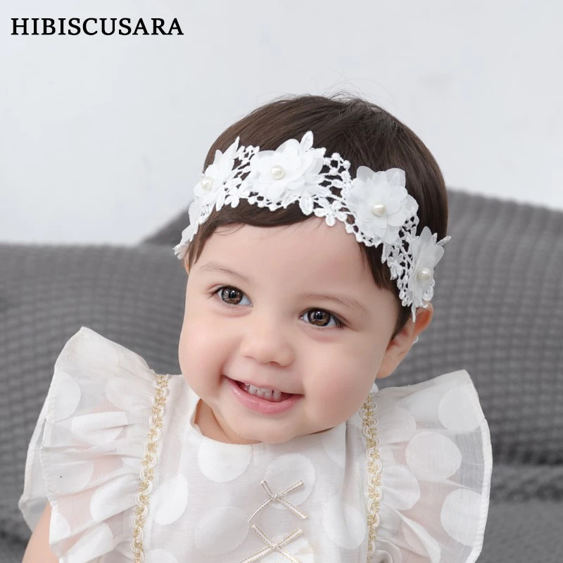 Diademas de encaje para pequeñas, cinta para el pelo con flores perlas, accesorios de fotografía de blanca| | - AliExpress