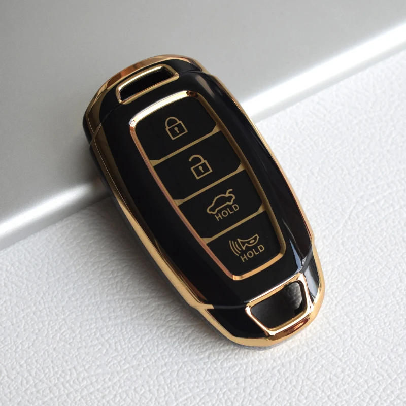 Custodia Portachiavi In Fibra Di Carbonio Per Hyundai I30, Ix35, Kona, Santa Fe, Tucson – Con Inserti Luminosi Blu