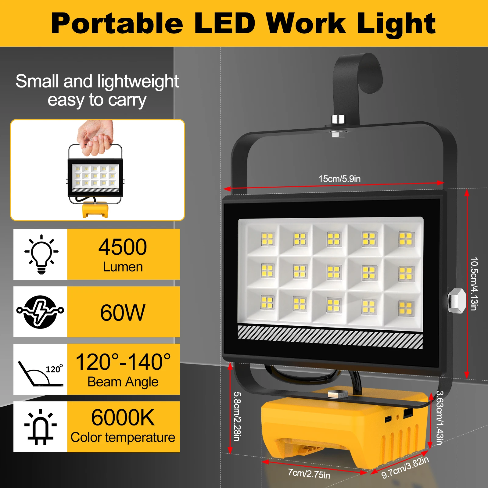 Portable Work Light 60W LED With Hook Handheld Rechargeable For DeWalt Camping