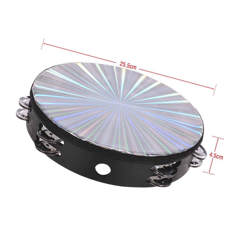 10 Inch Wooden Radiant Tambourine Handbell Hand Drum Double Row Jingles Reflective Drum Head Musical Percussion Instrument hand tambourine wooden hand bells