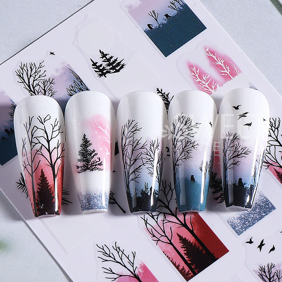 2pcs Christmas Nail Stickers Winter Tree Snow Mountain Cable Car Skiing Flying Birds Nail Decals Sliders DIY Manicure Decoration
