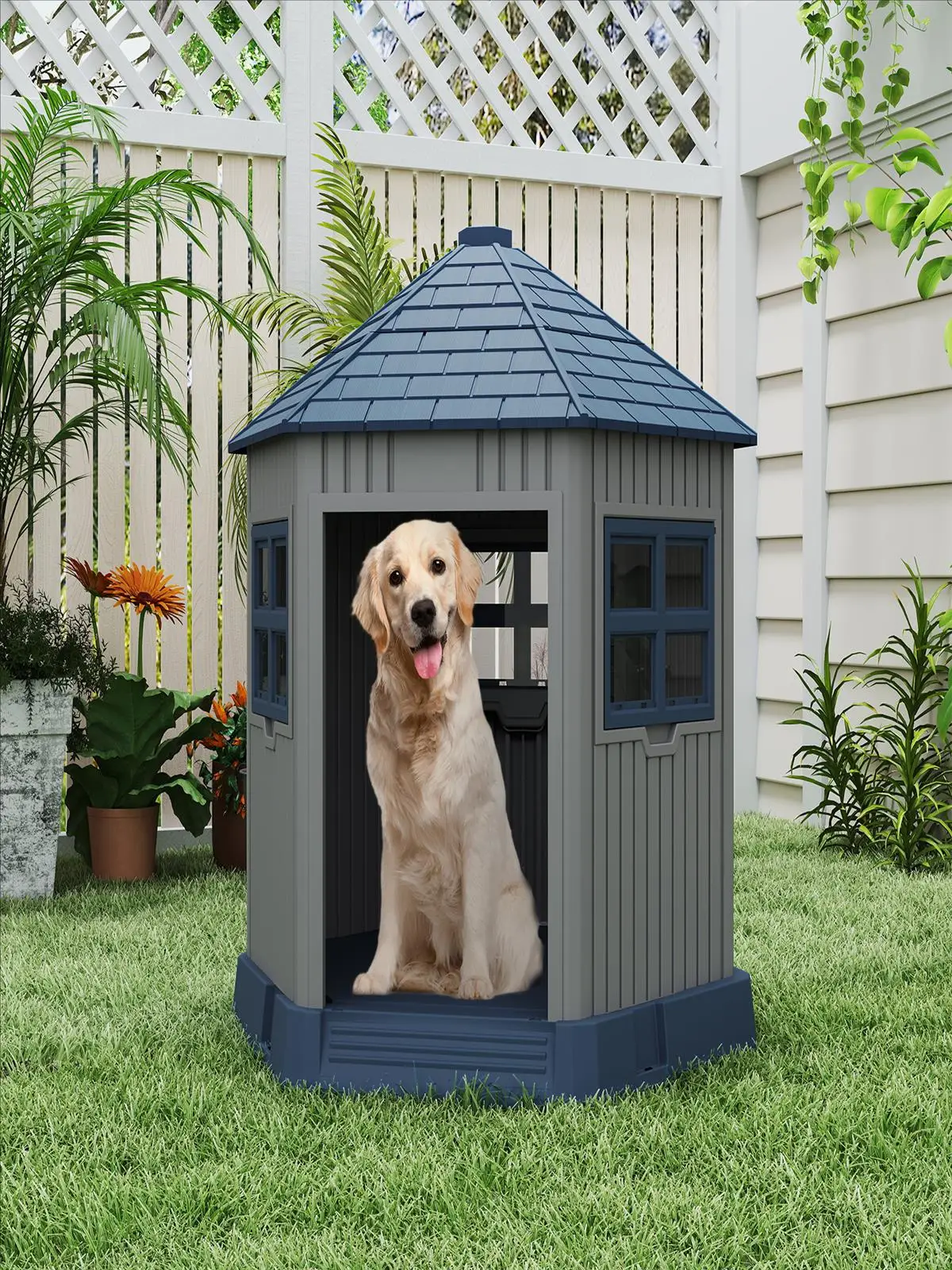 Outdoor-Hundehütte, Große Hundehütte Welpenschutz mit 2 Fenstern & Dachfenster, Schrägdach, Großer Eingang, Scheunenförmiger Tierkäfig – Detail 1