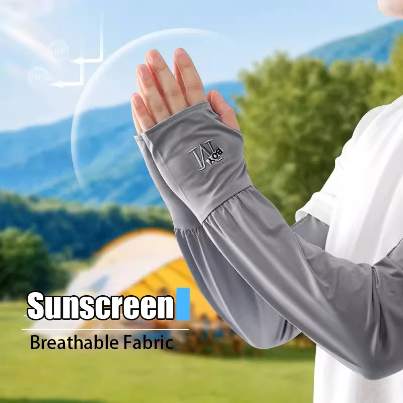 Men Sun Protection Sleeves Summer UV Protection Embroidered Loose Fingerless Arm Sleeves for Outdoor Driving Riding Fishing