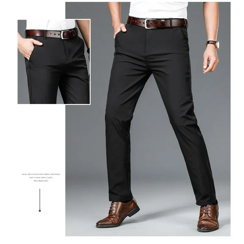 

Autumn Men's Straight-fit Suit Pants Business Casual Stretch Trousers Classic Style MID Waist Suit Long Pants Plus Size 40 Black