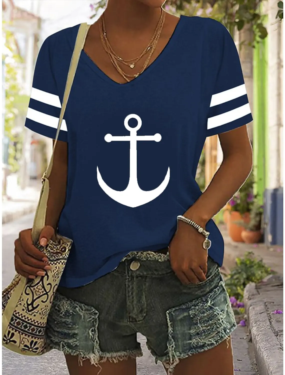 V-Neck T-Shirts For Women Ship's anchor 3d Print Tops Casual Street Femalewear Summer Fashion Oversized T-Shirt  Y2k Clothing