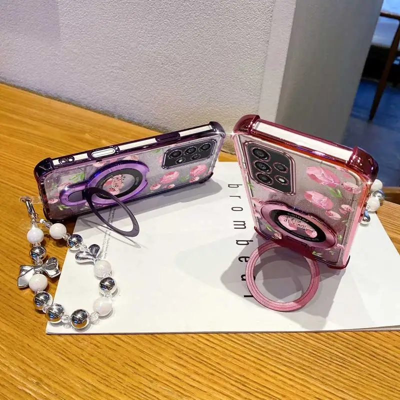 Pearl Strap Glitter Pink Flowers Phone Holder Case