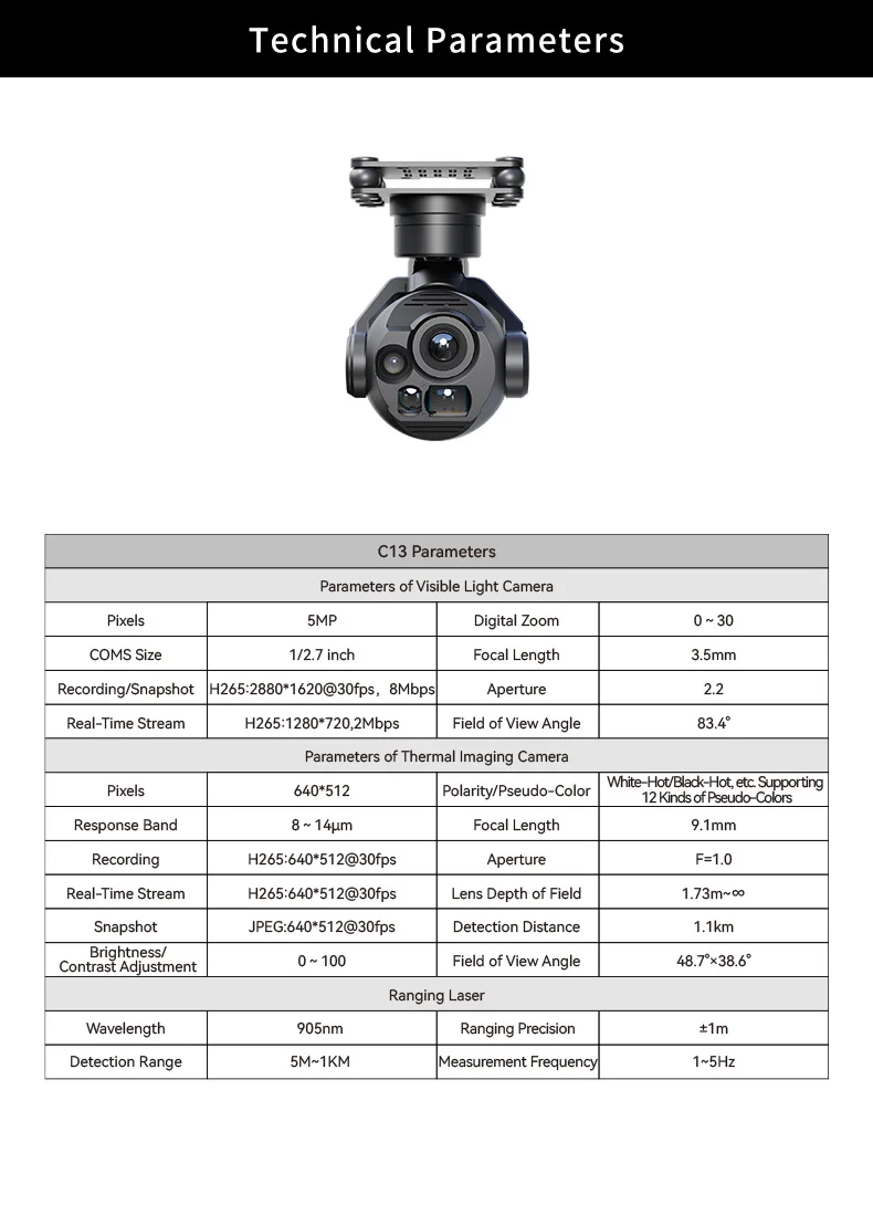 Skydroid C13 HD Camera with 30x Zoom and 3-Axis Gimbal, Features Auto Target Loc