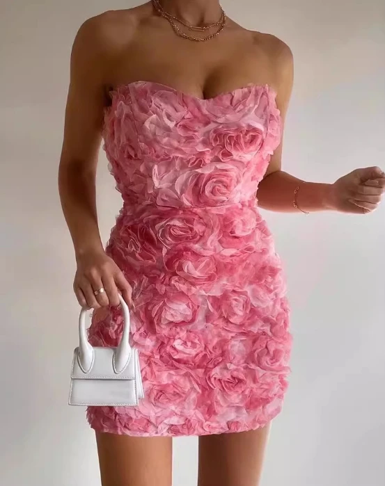 

Strapless Off Shoulder Tight Short Skirt Fashionable Sexy Floral Three-Dimensional Decoration Slim Fit Buttocks Wrapped Dress