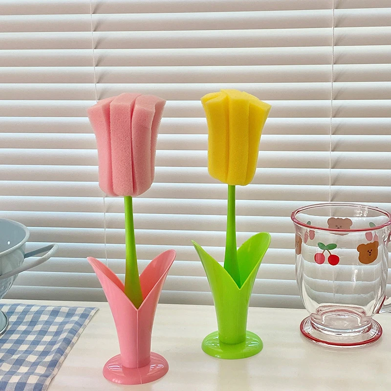 

Tulips Sponge Cup Brush With Base Long Handle Water Bottle Cleaner Brush For Mug/Feeding Bottle/Thermos Bottle/Thermal Mug