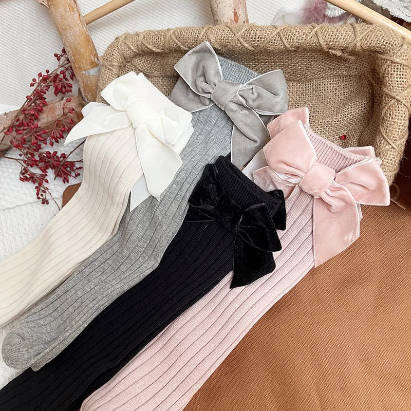 1 Pairs Baby Girls Socks Velvet Bows Knee High Long Soft Cotton Todders Socks Children Princess Spring Autumn Tube Socks 5