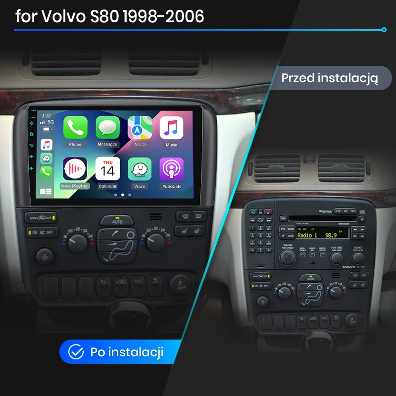 Radio de coche Junsun con CarPlay inalámbrico y Android Auto para Volvo S80 1998-2006, sistemas inteligentes para coche, DSP, SWC, RDS, GPS, FM, BT 2
