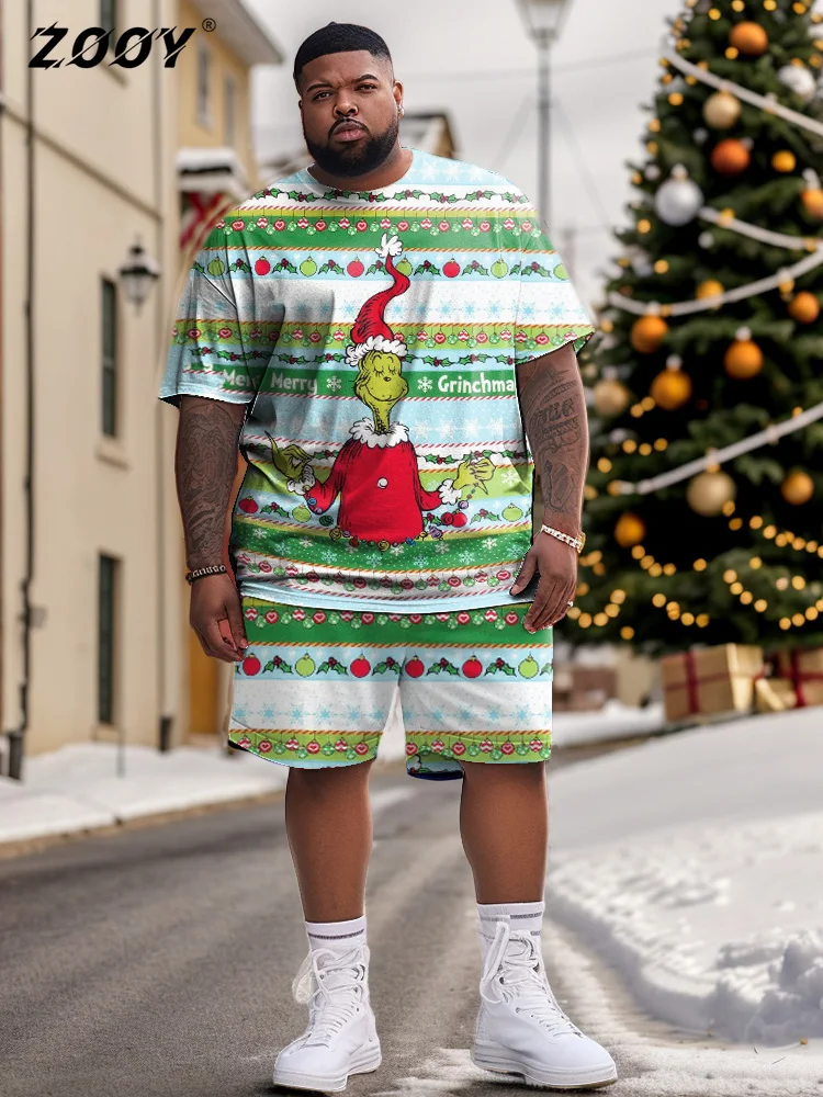 ZOOY (L-9XL) Men's Plus Size Suit Summer Merry Christmas Snowflake Green Fur Monster Elk Snowman Short Sleeve Shorts Suit