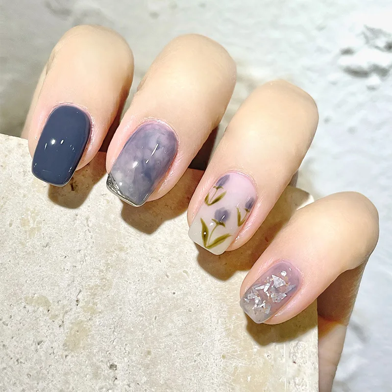 Fake Nails False Nails Nail Tips False Nail Tips 24Pcs/Box Short Square Head Wearing False Nails Art Clouds Stars Pattern Fake Nails Full Cover Press on Nail Tips Manicure Tools