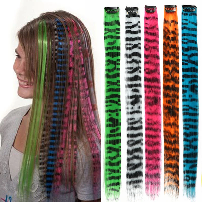 Synthetic Colored Feather Hair Clip-in Piano Zebra Line Feather Hair Extensions Girl Fake Hair Colored Clip On Hair Extensions