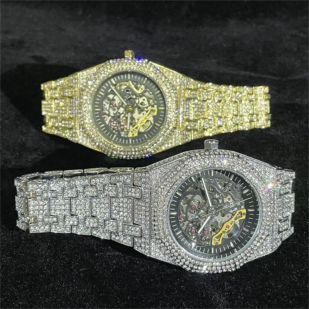 

MISSFOX Luxury Gold Watches Mens Steel Fashion Waterproof Automatic Mechanical Wristwatch Mans Hip Hop Iced Diamond Reloj Hombre