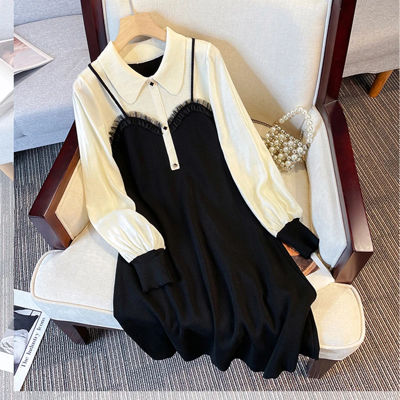 

Knitted Knee-length Dresses For Women Large Size 4XL Spring Autumn Female Long Sleeve Black White Patchwork Hight Waist Vestidos