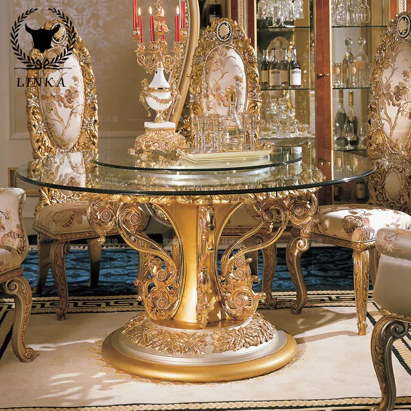 

Custom luxury solid wood European dining tables and chairs combined with French glass carved marble round table size furniture