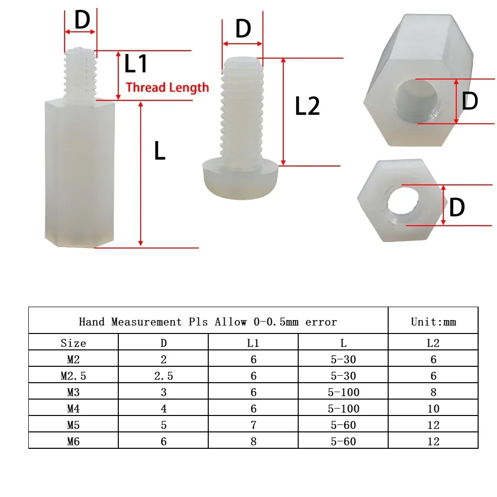 Description Picture 3 of itemM2 M3 M4 M5 M6 White Hex Nylon Standoffs Motherboard Board Rack Mount Stud Spacing Screw Nut Column Set PCB Support Pillars Bolt