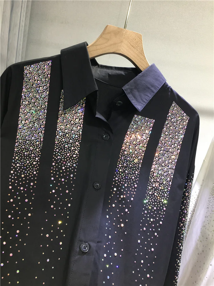YUDX Sparkling Hot Drilling Loose Women Blouses Mid-long Turn-down Collar Loose Cardigans Top Spring Long Sleeve Casual Shirts