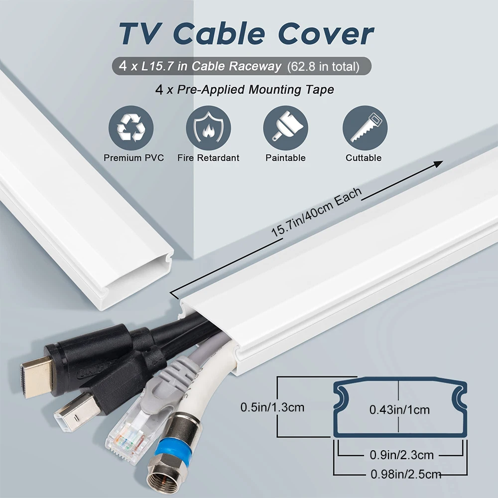 62.8in Cable Cover Wall White Wire Cover for Wall Paintable Cord Wall Kit Cord Hiders for TV 4pcs
