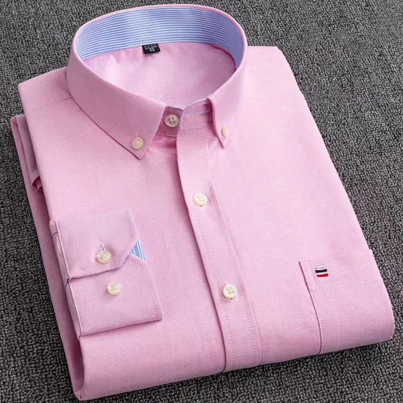 남자 셔츠  남성용 S- 6XL 옥스포드 셔츠, 긴팔 코튼 캐주얼 드레스 셔츠, 단색 격자 무늬 가슴 포켓 레귤러 핏 남성 소셜 셔츠 