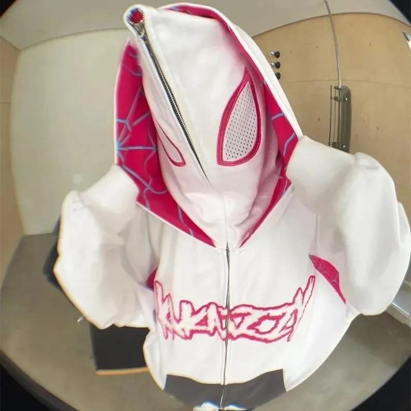 

Punk Spider Hoodie Women Y2k Print Full Zip Up Sweatshirt White Oversized Hip Hop Long Sleeve High Street Hooded Coats