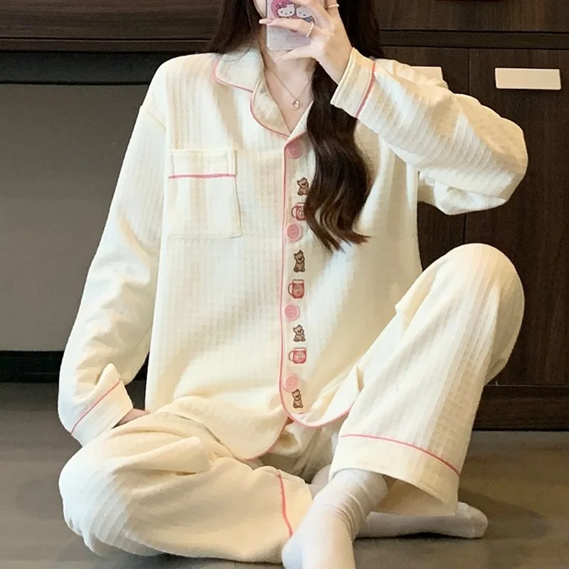 2 قطعة/المجموعة النساء أزياء طويلة الأكمام منامة الخريف الشتاء التطريز لطيف لينة المرأة منامة مجموعة عارضة الكورية ملابس منزلية جديدة