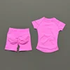 2 Pcs HISTELLO Impact Sports Sets Short Sleeve Seamless Yoga Top Fitness Set Women Workout Running Sports Shorts Gym Suit