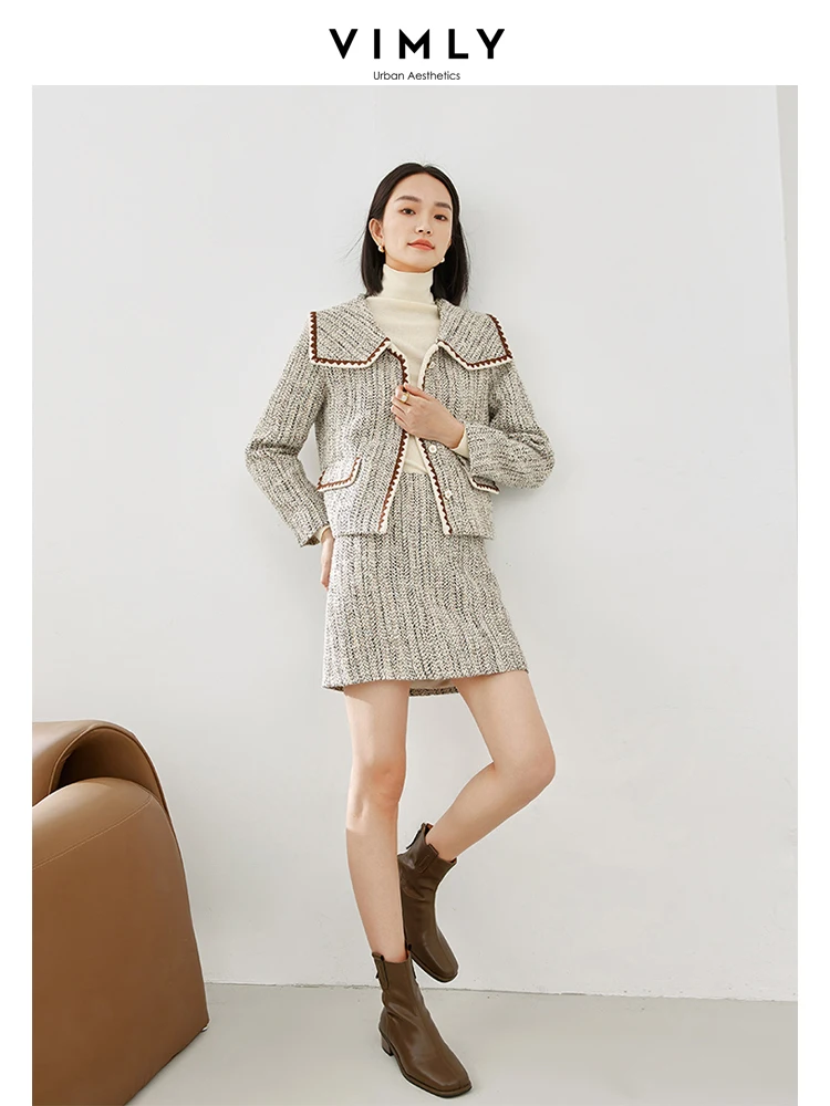 Vimly Elegant Wool Blend Tweed Set Lapel Single Breasted Cropped Jackets A-line Mini Skirt 2023 Autumn Thick Matching Sets M3573