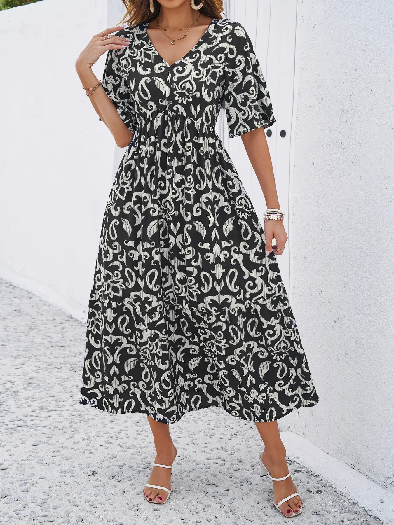 

Summer Long Sleeves V-Neck Simple Button Shirt Dress 2023 Elegant Women's Plaid Print Polo Collar Single Breasted Long Dresses