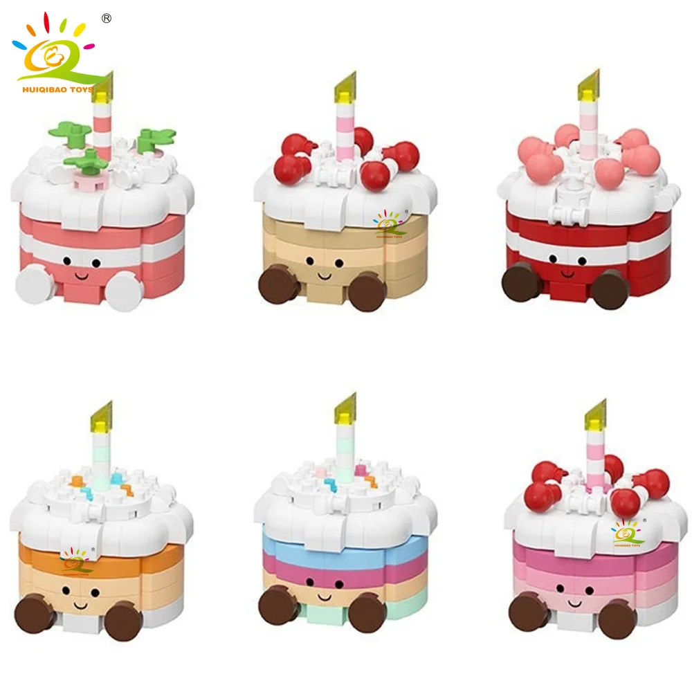 HUIQIBAO Mini Cartoon Geburtstagstorte Dessert Design Baustein-Set Mädchen DIY Erwachsenen-Modell Mikro-Bausteine Lernspielzeug Geschenk
