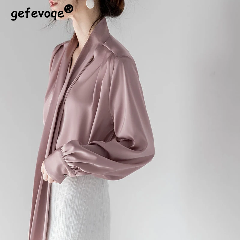 

Satin Elegant Chic Ribbon Collar Long Sleeve Office Lady Shirt Spring Korean Fashion Simple Loose Solid Blouse Top Women Blusas