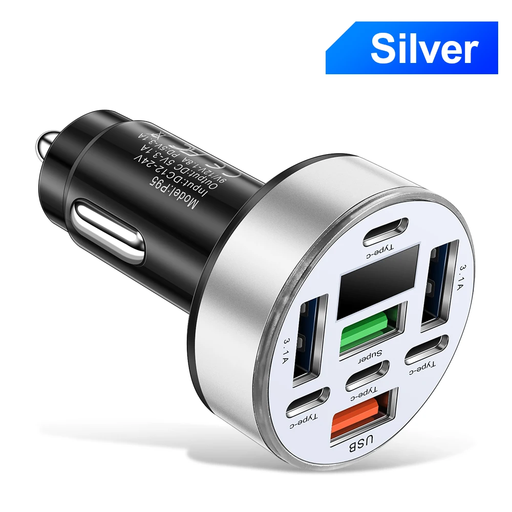 120 واط شاحن سيارة 8 منافذ LED شاشة ديجيتال USB PD...