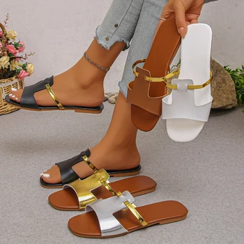 2025 Summer New Women's Solid Color Casual Open toed Sandals Beach Non slip Casual Flat Shoes 1