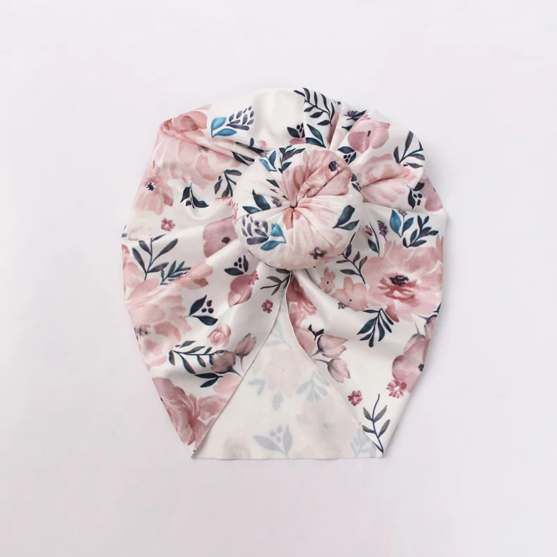 Baby Accessories luxury	 Flower Print Baby Indian Turban Hat Cute Knot Boys Girls Cap Head Wrap Soft Cotton Newborn Infant Beanies Kids Hat Headband 0-1Y Baby Accessories