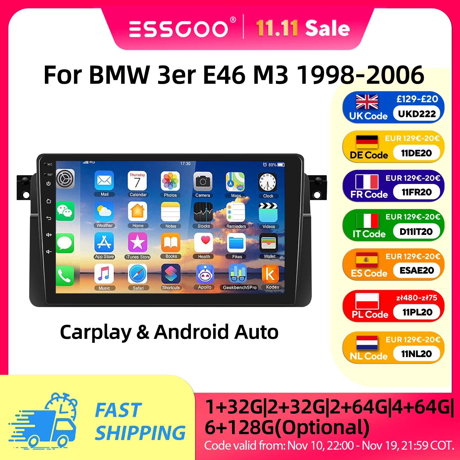 ESSGOO 9" Carplay Android 15 Android Auto Radio Für BMW E46 M3 1999-2005 Autoradio 2DIN GPS Navigation WIFI RDS DAB+ (optional) Bluetooth SWC