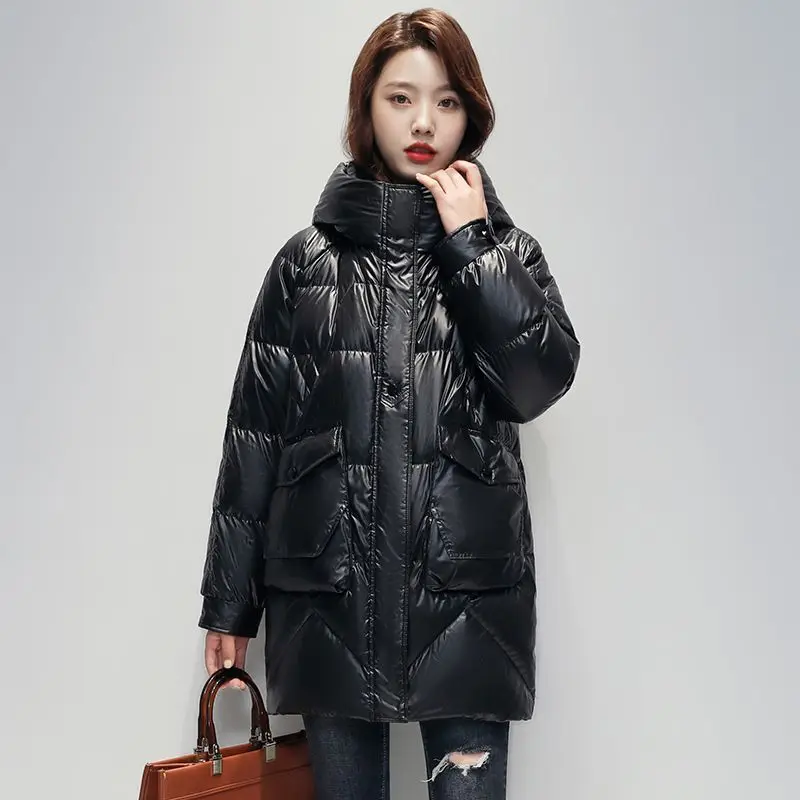 Brand Winter Women's Down Jacket White Duck Down Medium Length Street Style Bright Face Wash Fashion Loose Thick Hooded Coats