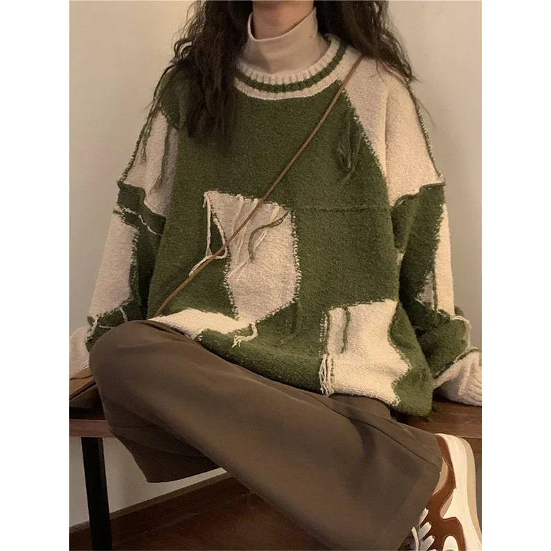 

Vintage Patchwork Sweater Women Harajuku Tassel Oversized Knitted Pullovers Streetwear Korean Casual Knitwear All Match Jumpers