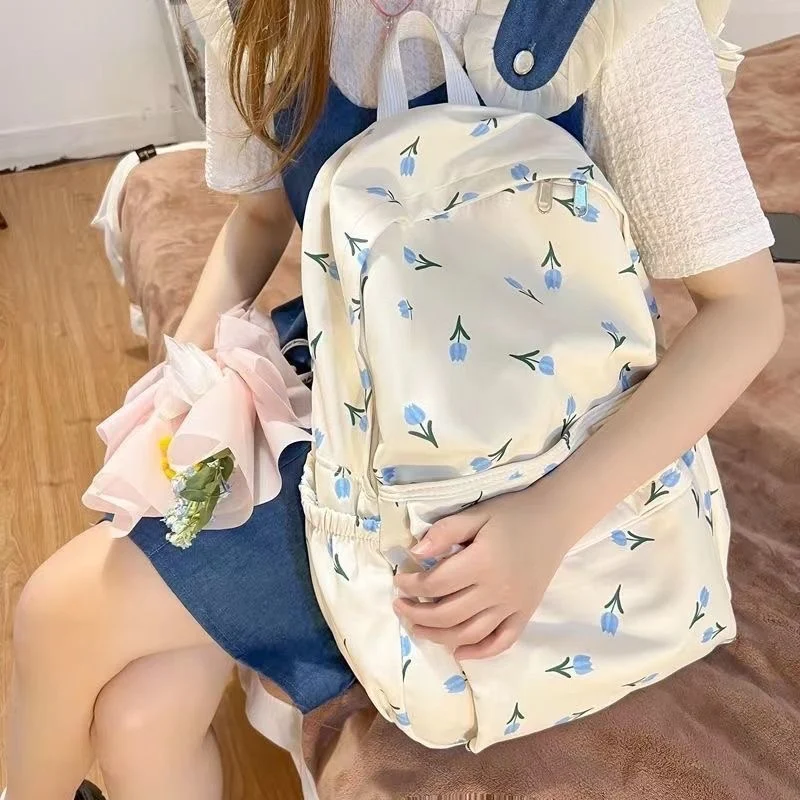 حقيبة نسائية مزينة بزهرة التوليب، متعددة الجيوب، حقيبة سفر عملية عالية الجودة، حقيبة مدرسية، حقيبة ظهر للكتب للفتيات المراهقات