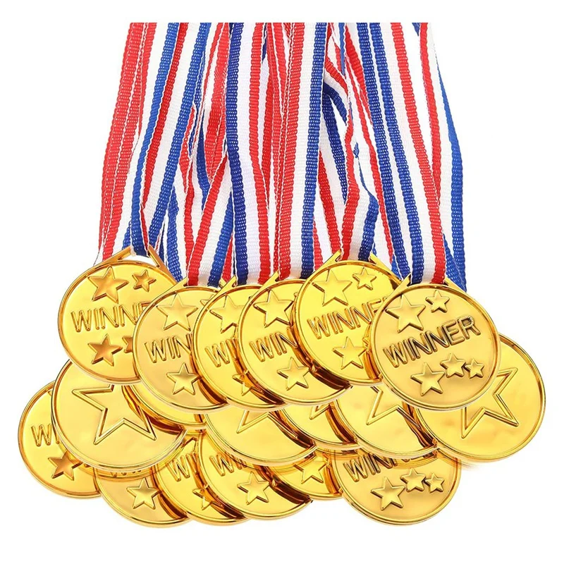 30 Pack Gold Plastic Winner Medals Award Medals For Kids-Perfect For Sports, Competition And Party Favors