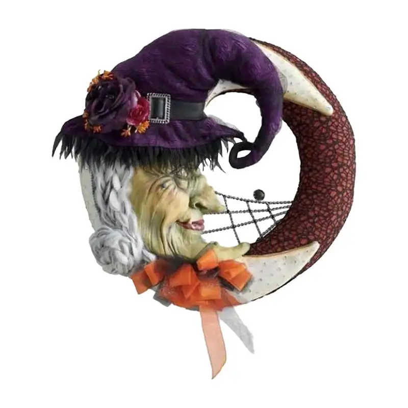 

Halloween Wreaths For Front Door Artificial Witch Moon Shape Wreath Doors Window Flower Garland Decor Household Wreath Supplies