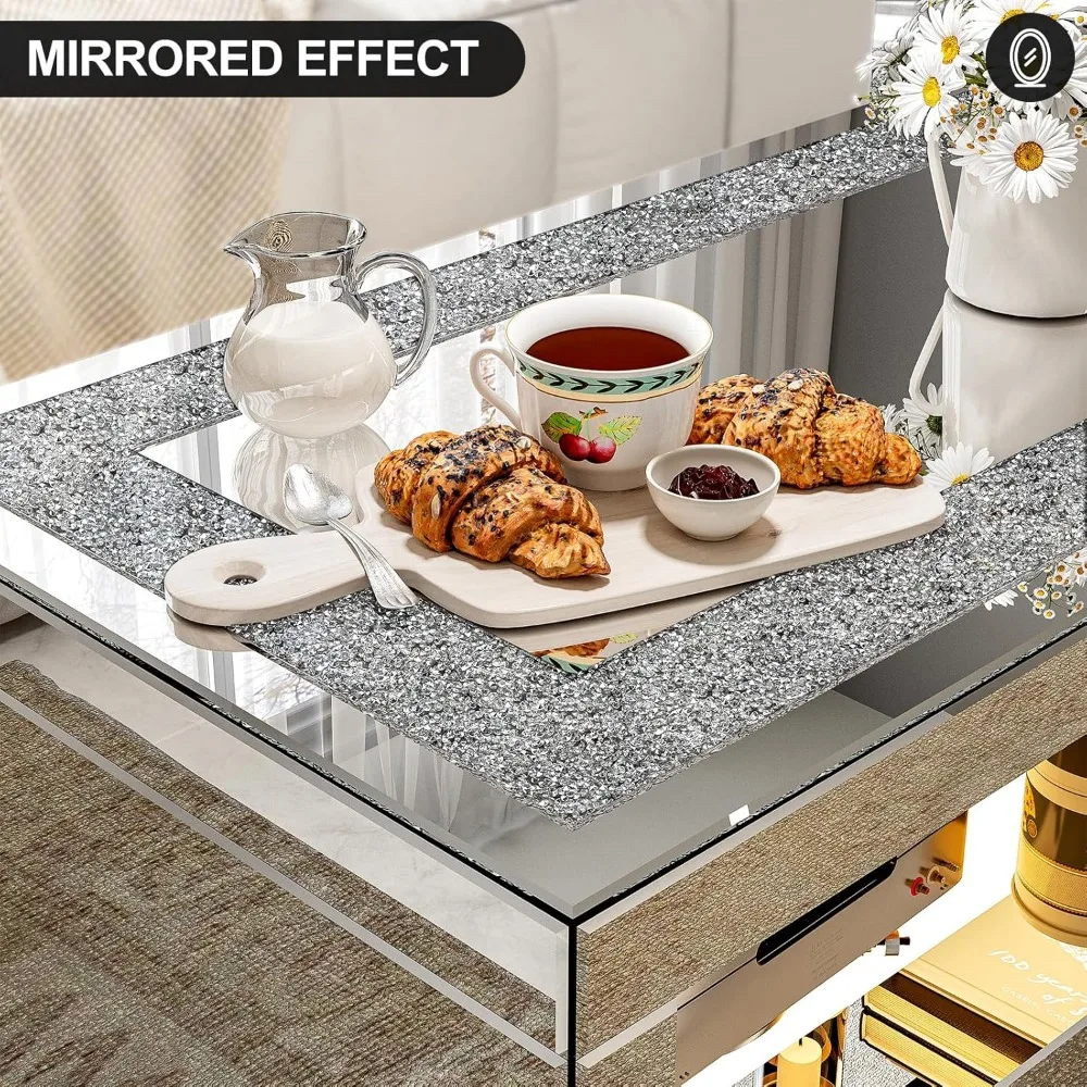 Mirrored Coffee Table with Mirror Crystal Board, Glass Rectangle End Table Coffee Tea Table with 2 Tier for Living Room Bedroom 3